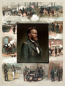 Grant from West Point to Appomattox: Ulysses S. Grant'ın portresi ile 1843'teki West Point'ten mezuniyetinden 1865'teki Robert Edward Lee'nin teslimiyetine kadar olan kariyeri gösteren gravür eseri. (Üreten: Thure de Thulstrup)