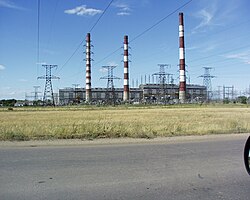 Irklinskaya Power Station with chimneys used as high voltage pylons