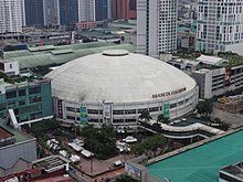 An aerial view of a dome shaped arena