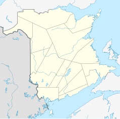 Mapa konturowa Nowego Brunszwiku, blisko centrum na dole znajduje się punkt z opisem „Fredericton”