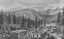 Three log cabins with flat roofs set in the midst of tall trees, with mountains in the background. People, livestock, and covered wagons are engaged in various activities in a clearing in the middle of the cabins.