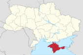 Krimin autonomisen tasavallan sijainti Ukrainassa, alla kaupungin sijainti Krimillä