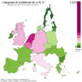 Anteile der Bevölkerung einzelner Mitgliedstaaten an der EU-Gesamtbevölkerung (Januar 2008); die Färbungen zeigen verschiedene Bevölkerungsdichten