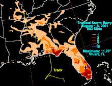 Map of rainfall totals from tropical storm. Map is mainly focused on the Southeast United States.
