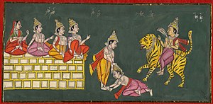 The siblings Muktabai, Sopan, Dnyaneshwar and Nivruttinath seated on the flying wall greet Changdev seated on a tiger. In the centre, Changdev bows to Dnyaneshwar.