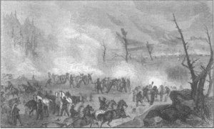 Black and white drawing of soldiers firing cannons in a smoky forest