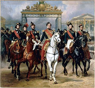 Louis Philippe and his sons pose before the gates of Versailles, by Horace Vernet History Gallery, (1846)