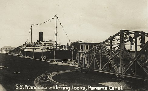 RMS Franconia, entering Panama Canal, ca. 1930, State Library of New South Wales.