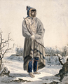 Individual of the Sautaux First Nation, standing in a winter landscape, wearing a winter cape, and holding a bow and arrows, 1822