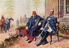 a tired sick old man in French military uniform, sitting beside an erect senior officer in Prussian uniform, spiked helmet, and sword