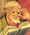 L'apostolo degli occhiali di Konrad von Soest (1403, dove il soggetto utilizza dei binocles-ciseaux od occhiali a forbice)