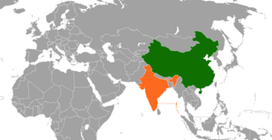 Mapa indicando localização da Índia e da China.