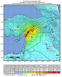 خريطة الحركة الأرضية أثناء الزلزال الأول