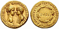Aureus uit 54 n.Chr. met de hoofden van Nero en Agrippina, op de voorzijde voorzien van de legende AGRIPP AVG DIVI CLAVD NERONIS CAES MATER. De keerzijde toont een krans van eikenbladeren rondom de letters EX S C (ex. senatus consulto, bij senaatsbesluit, met goedkeuring van de senaat) en bevat de legende NERONI CLAVD DIVI F CAES AVG GERM IMP TR P.