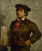 An oil painting portrait of a young African American boy, who wears a newsboy cap and carries a newspaper in his right hand.