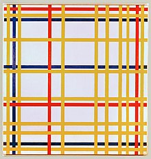 A painting of yellow, red, and blue lines arranged in a woven lattice or grid-like pattern.