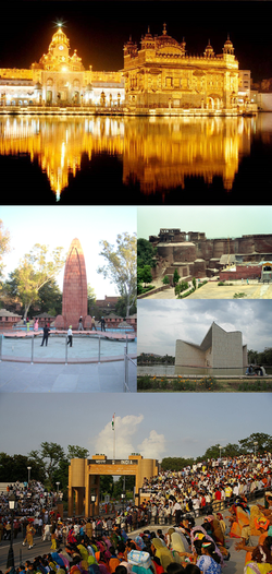 Clockwise from top: Harmandir Sahib, Quila Mubarak, Gandhi Bhavan, Wagah Border, Jallianwala Bagh Memorial