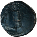 Bronze drachm of Toramana II wearing trident crown, late-phase Gandharan style. mid 6th century.