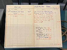 Photograph of a paper log book containing various notes written by Billy Strachan during the Second World War