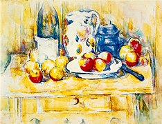 Naturaleza muerta con manzanas, una botella y una jarra de leche, Paul Cézanne.