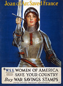 "Joan of Arc saved France--Women of America, save your country--Buy War Savings Stamps", poster for World War I war savings stamps, 1918.