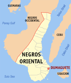 Map of Negros Oriental with Dumaguete highlighted