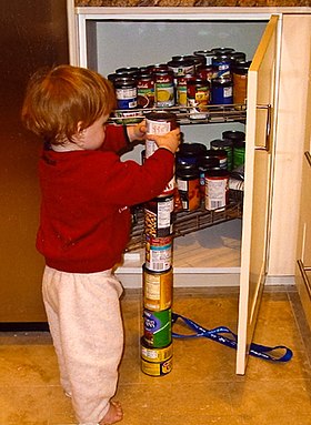 幼い赤毛の少年がカメラに背を向けて、台所の床の上に缶を積み上げている。自閉症では、積み上げたり並べ替えたりなどの動作を繰り返す様子が見られる。