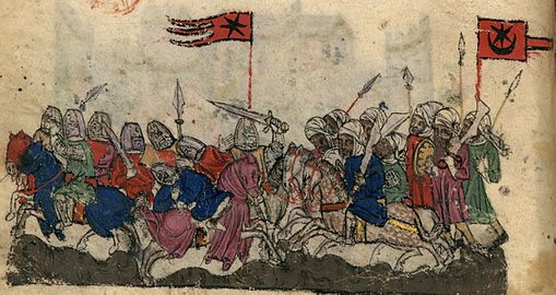 Representação de uma bandeira com estrela e crescente no lado sarraceno na Batalha de Jarmuque (ilustração manuscrita da História dos Tártaros, oficina catalã, início do século XIV).