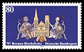 1200 години Епископство Бремен: пощенската марка от 1987 г. показва Карл Велики и Вилехад до катедралата на Бремен