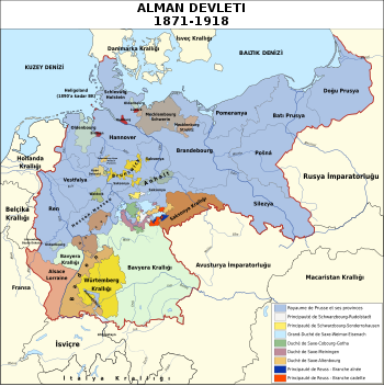 1891 yılında birleşik Alman İmparatorluğu'nın birer parçası hâline 26 bölgeyi gösteren orta Avrupa siyasî haritası.