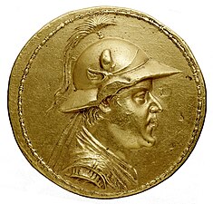 Gold 20-stater of Eucratides I within a bead and reel border, 2nd century BC, Cabinet des Médailles, Paris