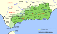 Keuninkriek Granada in 1292 (alle greuntinte) en 1462 (duusterder greun). Naeve versjillende sjtae sjteit 't jaortal wo-in de sjtad veur de christelike (Castiliaanse of Portugese) vereuveraere veel.