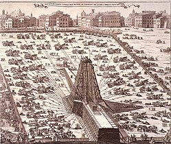 Postavitev vatikanskega obeliska leta 1586 s pomočjo dvižnega stolpa