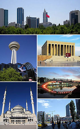 Do topo, em sentido horário: distrito financeiro de Söğütözü; Anıtkabir; parque Gençlik; praça Kızılay; Mesquita Kocatepe; torre Atakule.