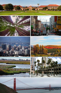A montage of eight pictures of different locations in the Bay Area