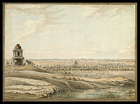 View of Bangalore Fort, from the East, with a small shrine and a dismounted horseman in the foreground, and cattle grazing beyond, by Robert Hyde Colebrooke (1762-1808) in 1791[44]