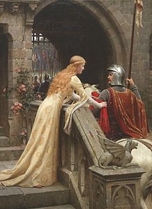 God Speed!, a Victorian era painting by Edmund Leighton of a Lady giving a red token of love to her knight.