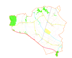 Mapa konturowa gminy Olszanka, blisko centrum na lewo u góry znajduje się punkt z opisem „Parafiaśw. Stanisława Biskupaw Przylesiu”