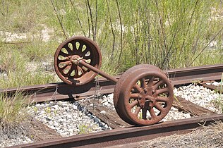 Wheelset from a railroad speeder. The wheels are pressed steel and the flanges are smaller than those of full-sized rail vehicles.