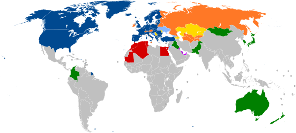A world map with countries in blue, cyan, orange, yellow, purple, and green, based on their NATO affiliation