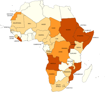 Guerres y conflictos n'África, 1980–96      Más de 100.000 muertos y firíos     Guerres o conflictos menores     Otros conflictos