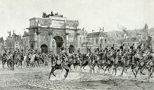 Napoléon passant en revue ses troupes devant l'arc de triomphe du Carrousel en 1810 (1901), aguafuerte de Auguste Boulard (hijo) según François Flameng.