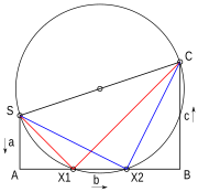Figure 6. Geometric solution of eh x squared plus b x plus c = 0 using Lill's method. The geometric construction is as follows: Draw a trapezoid S Eh B C. Line S Eh of length eh is the vertical left side of the trapezoid. Line Eh B of length b is the horizontal bottom of the trapezoid. Line B C of length c is the vertical right side of the trapezoid. Line C S completes the trapezoid. From the midpoint of line C S, draw a circle passing through points C and S. Depending on the relative lengths of eh, b, and c, the circle may or may not intersect line Eh B. If it does, then the equation has a solution. If we call the intersection points X 1 and X 2, then the two solutions are given by negative Eh X 1 divided by S Eh, and negative Eh X 2 divided by S Eh.
