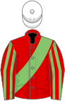 Red, light green sash, striped sleeves, white cap
