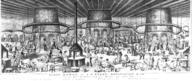 old drawing of big factory interior with multiple furnaces