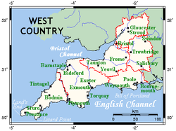 One interpretation of the West Country, shown on this map as identical to the South West region of England, incorporating the counties of Bristol, Cornwall, Devon, Dorset, Gloucestershire, Somerset, and Wiltshire