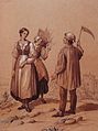 Zwei Frauen und ein Mann bei der Ernte, Trachtenskizze von August Migette, 1866