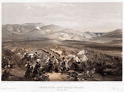 25 Ekim 1854 tarihli Balaklava Muharebesi'nde Rusya İmparatorluk Ordusu'nun 3500 atlıdan oluşan süvari hattının ortasına karşı James Yorke Scarlett komutasında 600 atlıyla gerçekleştirilen "Ağır Süvari Tugayı" 'nın hücumu (William Simpson, taş baskı, 18 Ocak 1855). (Üreten: William Simpson)