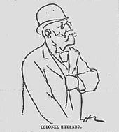 Line drawing of bespectacled, mustached man in a derby hat