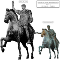 Comparación del posible aspecto y dimensiones de la desaparecida estatua ecuestre de Trajano[51]​ con la estatua ecuestre de Marco Aurelio.